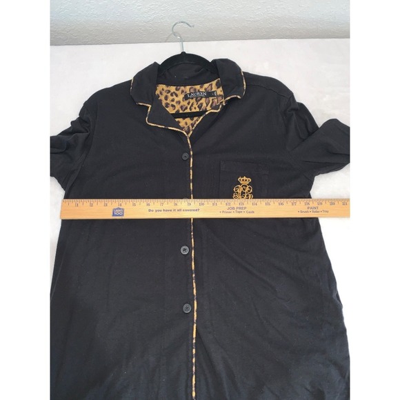 Lauren Ralph Lauren black Pajama Top Leopard Trim Button Down Sleep Shirt Large - Picture 4 of 8